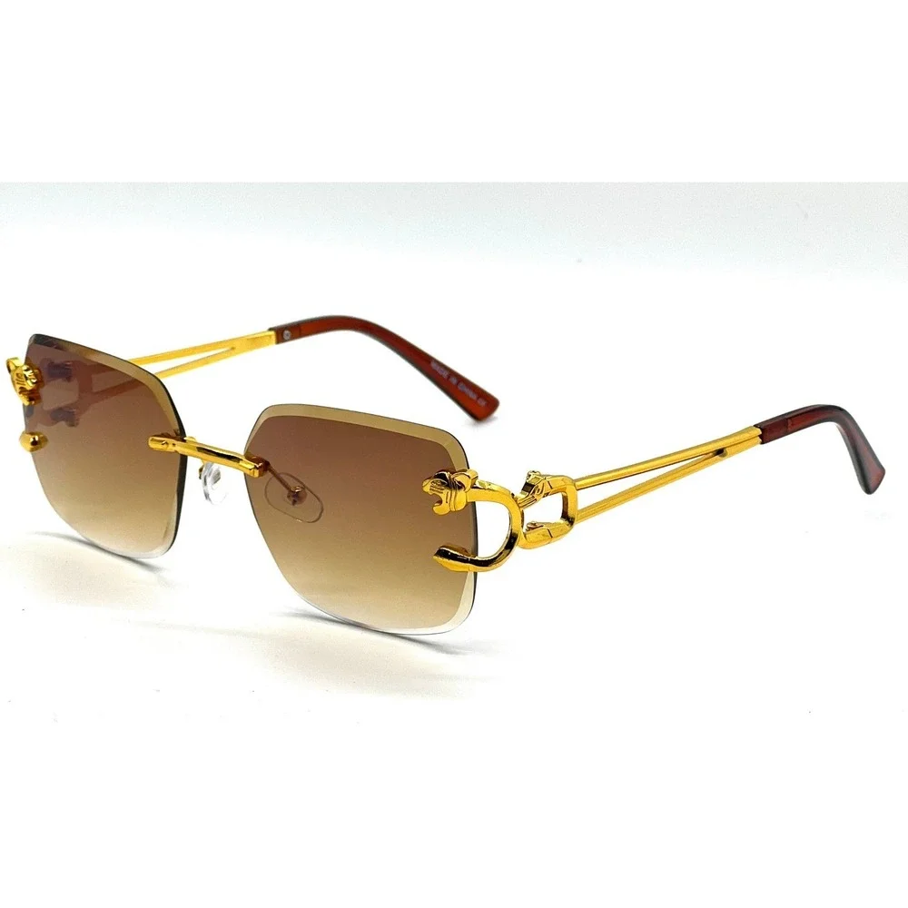 Brown Lens Gold Sunglasses Men Women Classy Sophisticated Metal Rimless‎ Hip Hop
